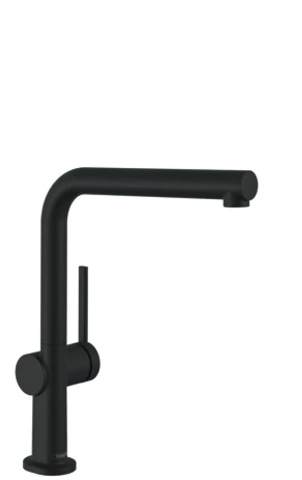 Schwarzer Hansgrohe Spültischmischer mit einem geraden Auslauf und seitlichem Hebel zur Regulierung des Wassers. Schlichte Formgebung, ideal für moderne Küchen.